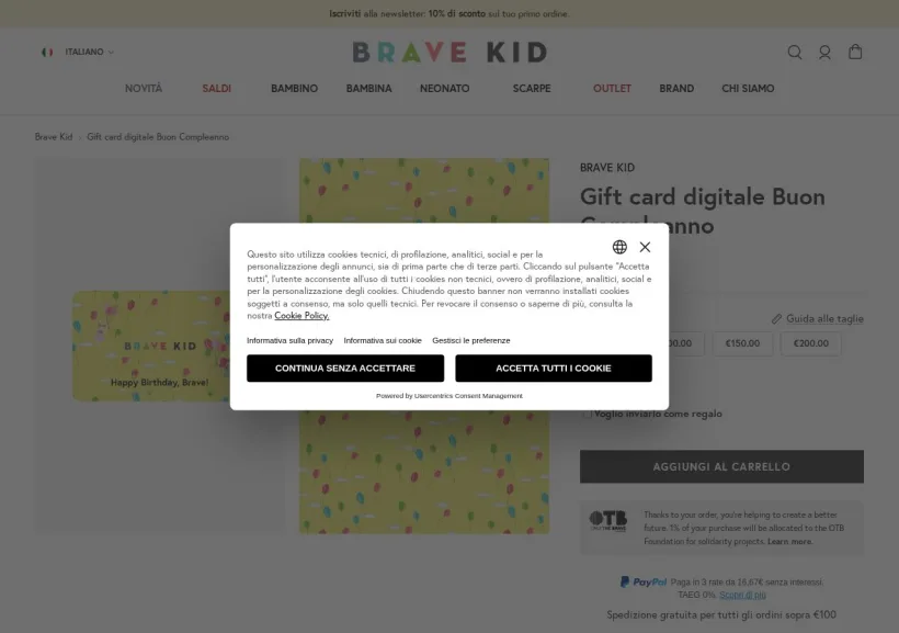 Schermata della pagina offerta di Bravekid