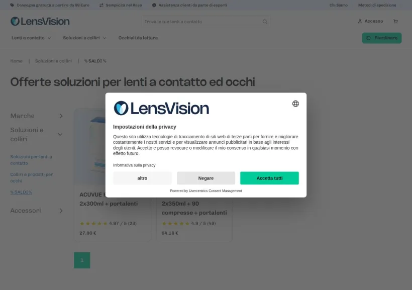 Schermata della pagina offerta di Lensvision