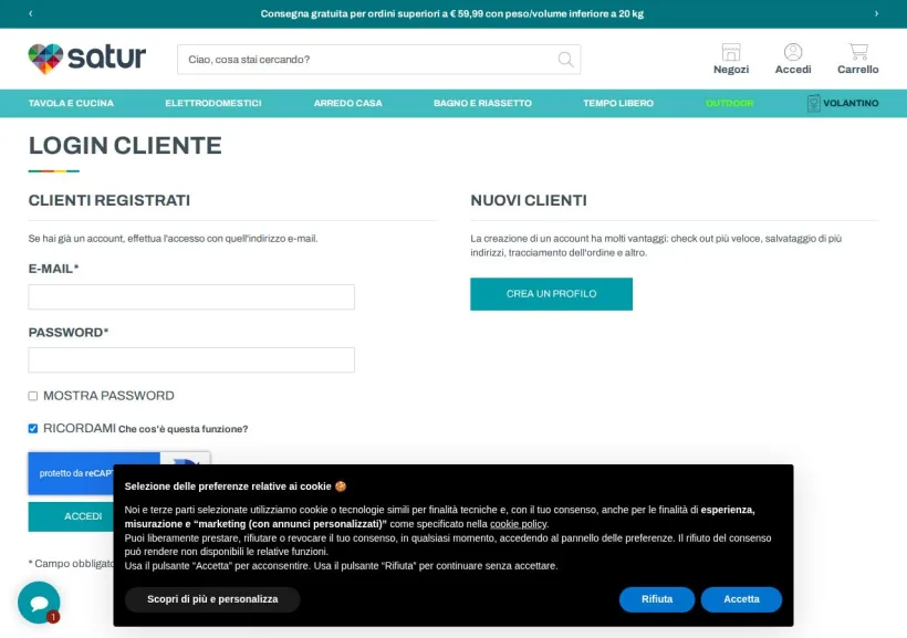 Schermata della pagina offerta di Satur