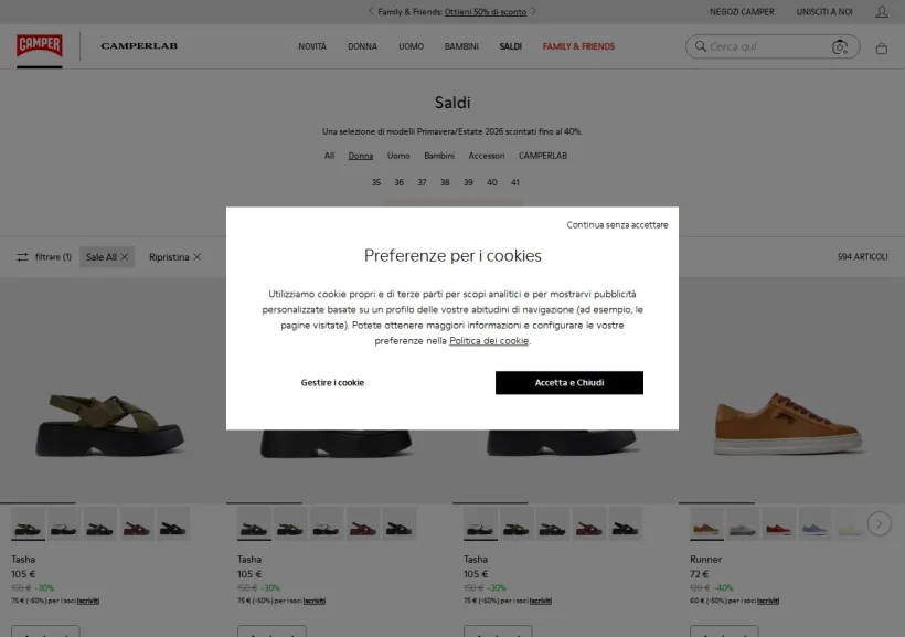 Schermata della pagina offerta di Camper