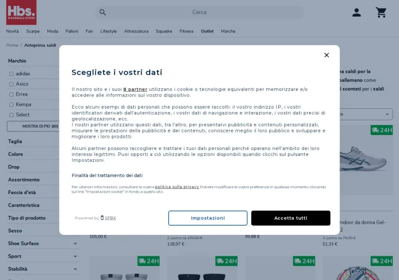 Schermata della pagina offerta di Handball-Store