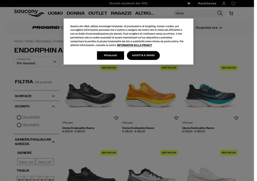 Schermata della pagina offerta di Saucony