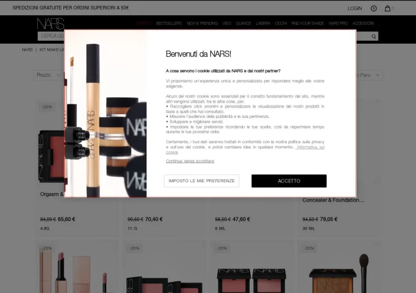 Schermata della pagina offerta di NARS