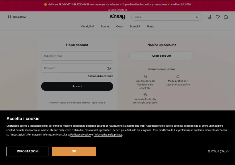 Schermata della pagina offerta di Sinsay