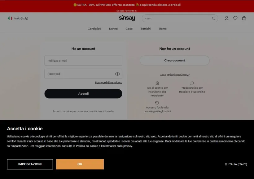 Schermata della pagina offerta di Sinsay