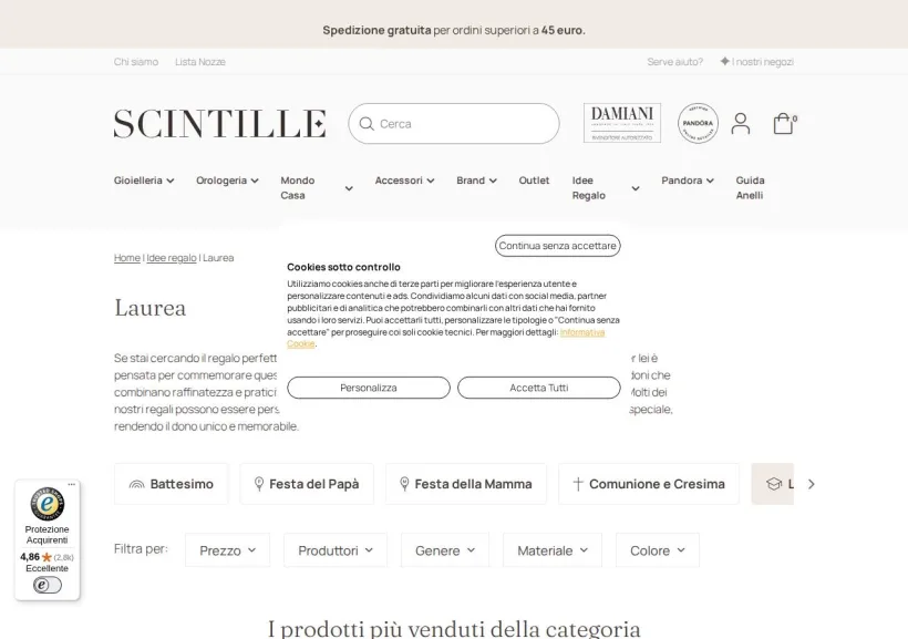 Schermata della pagina offerta di SCINTILLE