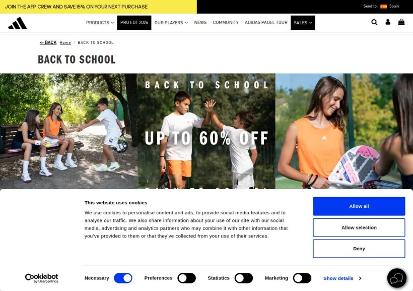 Schermata della pagina offerta di adidas Padel