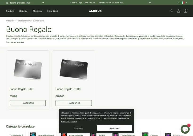 Schermata della pagina offerta di Aldous Bio