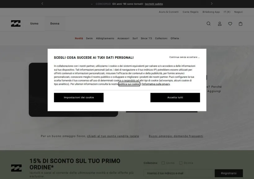 Schermata della pagina offerta di Billabong