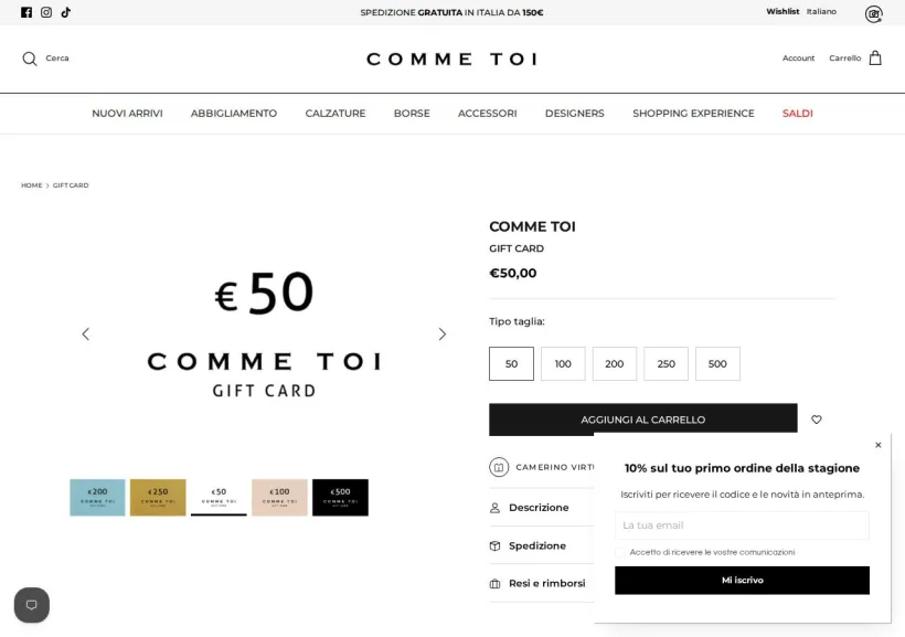 Schermata della pagina offerta di Comme Toi