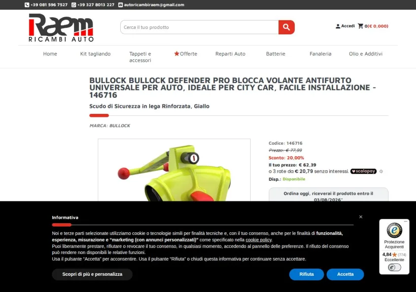 Schermata della pagina offerta di Raem Ricambi