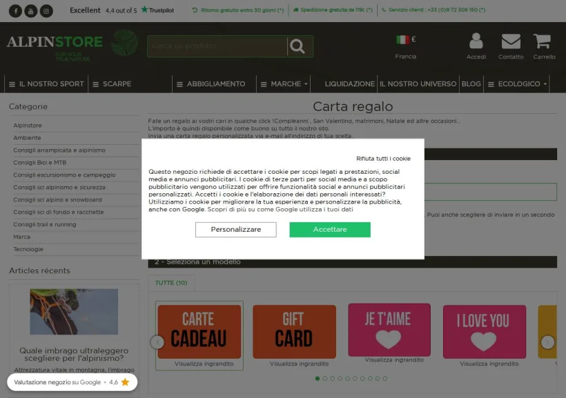 Schermata della pagina offerta di Alpinstore