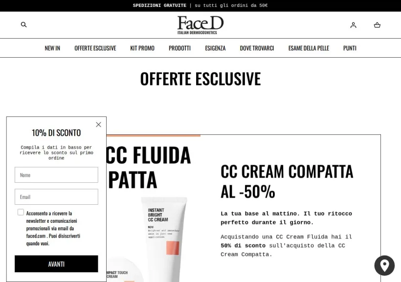 Schermata della pagina offerta di FaceD
