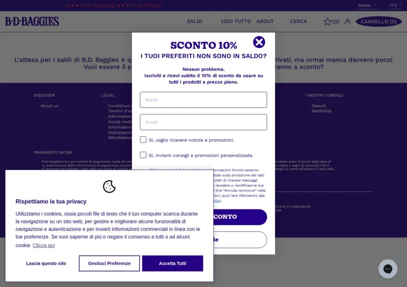 Schermata della pagina offerta di BD baggies