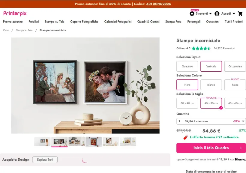 Schermata della pagina offerta di Printerpix