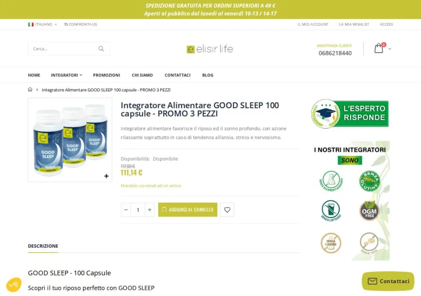 Schermata della pagina offerta di Elisir Life
