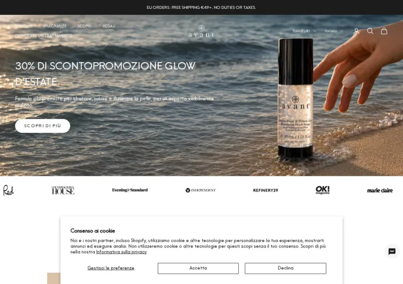 Schermata della pagina offerta di Avant Skincare