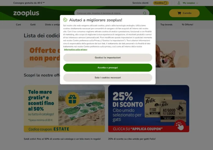 Schermata della pagina offerta di Zooplus