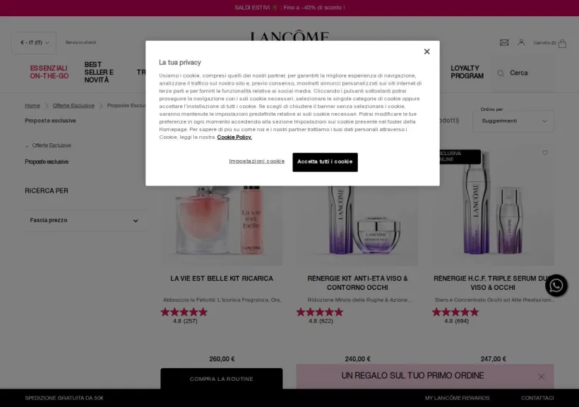 Schermata della pagina offerta di Lancome 