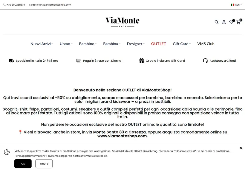 Schermata della pagina offerta di Via Monte Shop