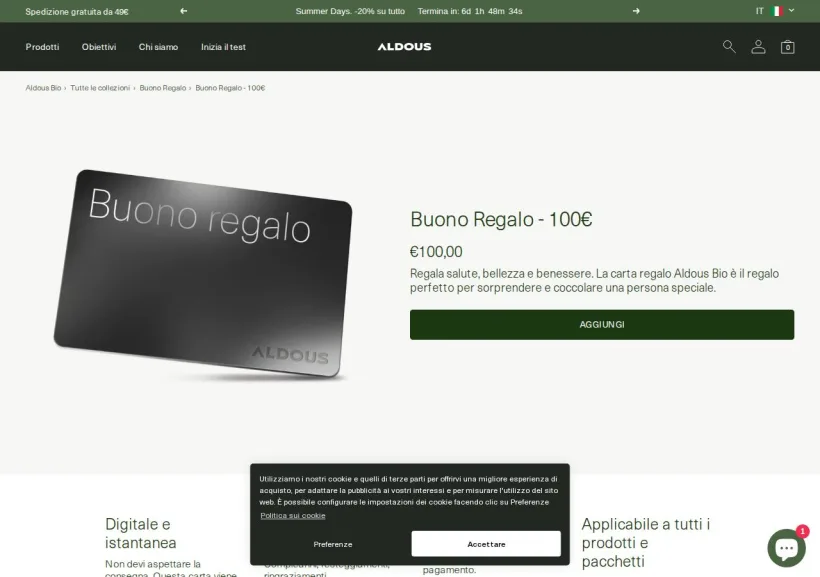 Schermata della pagina offerta di Aldous Bio