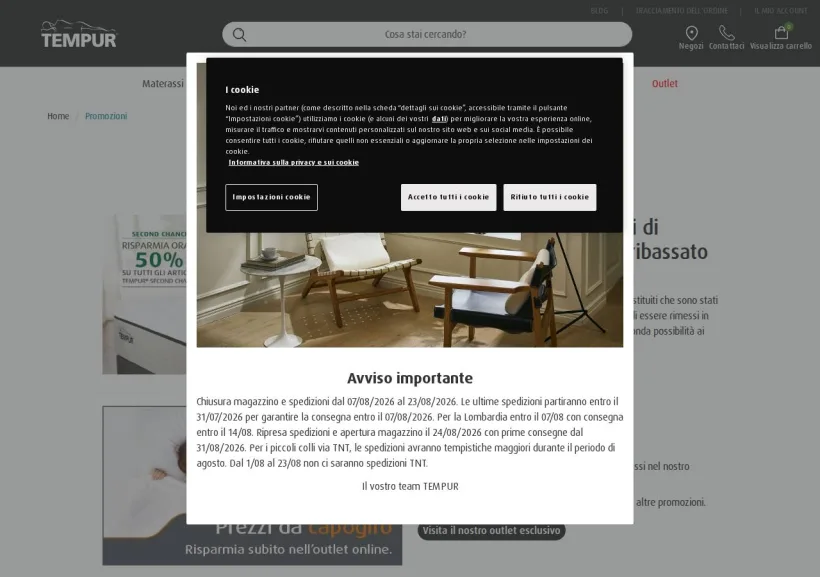Schermata della pagina offerta di Tempur