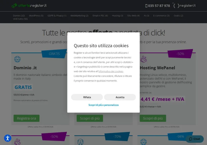 Schermata della pagina offerta di Register