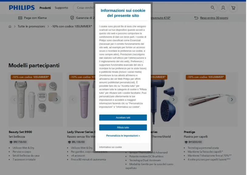 Schermata della pagina offerta di Philips
