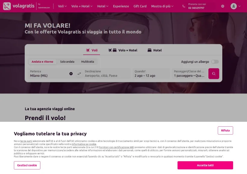 Schermata della pagina offerta di Volagratis