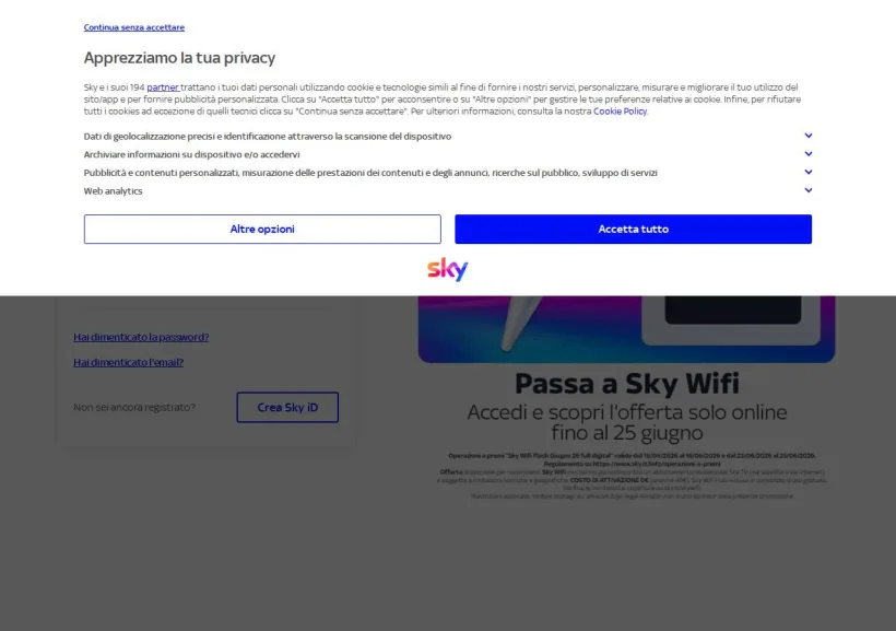 Schermata della pagina offerta di SKY