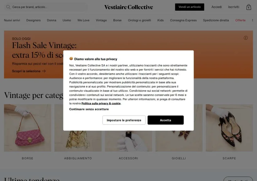 Schermata della pagina offerta di Vestiaire Collective