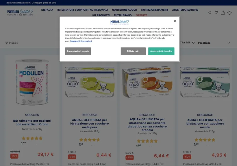Schermata della pagina offerta di Nestlè Salute