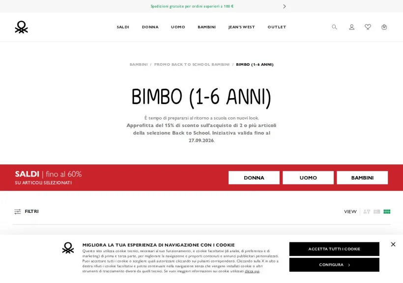Schermata della pagina offerta di Benetton 
