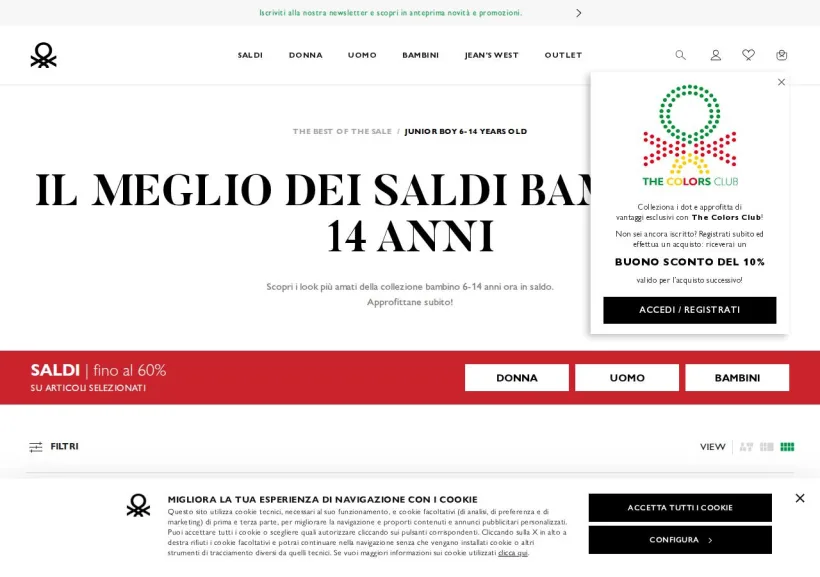 Schermata della pagina offerta di Benetton 