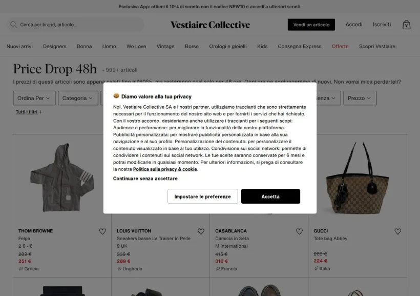 Schermata della pagina offerta di Vestiaire Collective