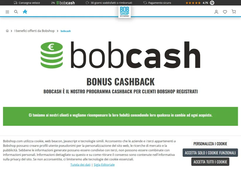 Schermata della pagina offerta di Bobshop