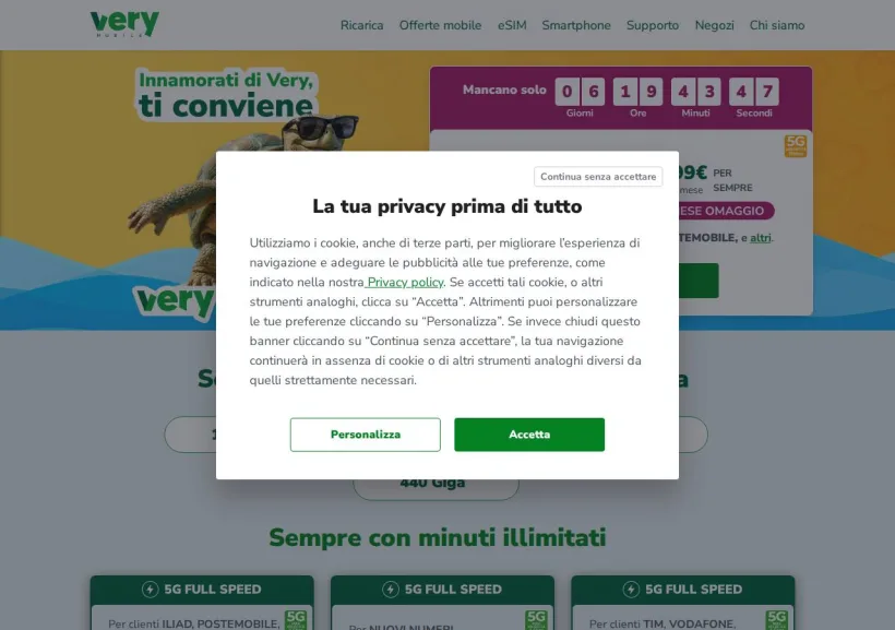 Schermata della pagina offerta di Very mobile