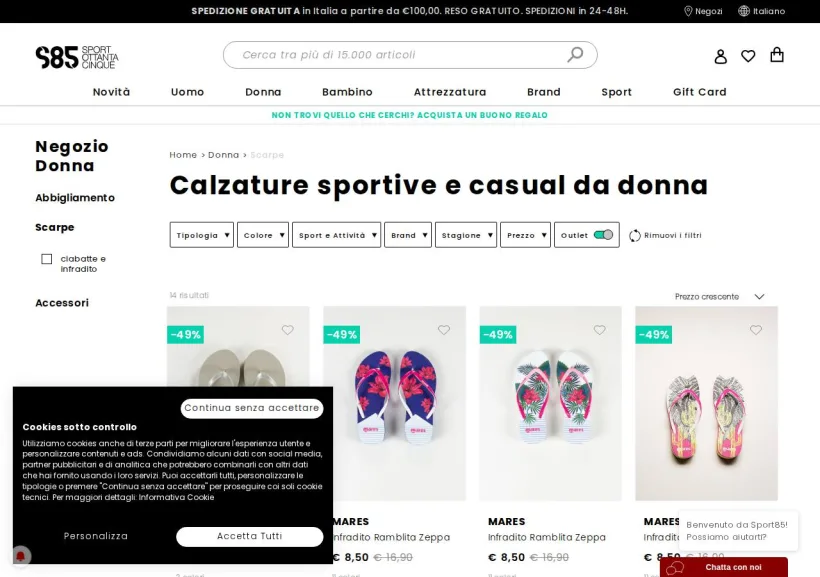 Schermata della pagina offerta di Sport85