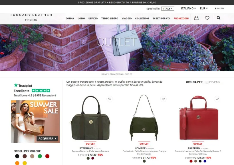 Schermata della pagina offerta di Tuscany Leather