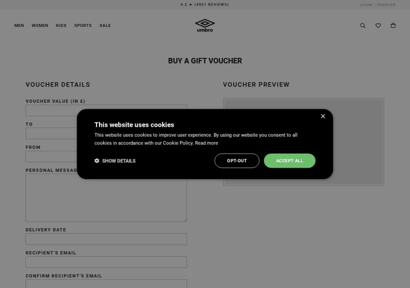 Schermata della pagina offerta di Umbro