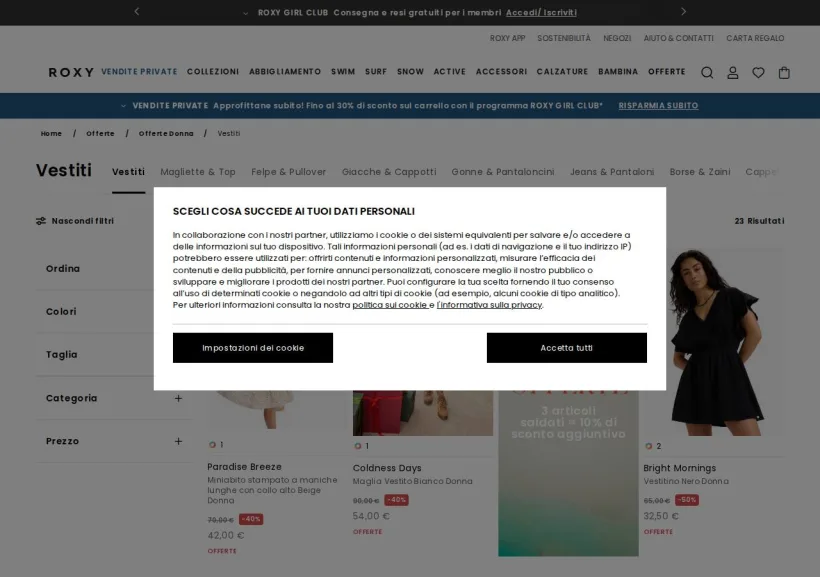 Schermata della pagina offerta di Roxy