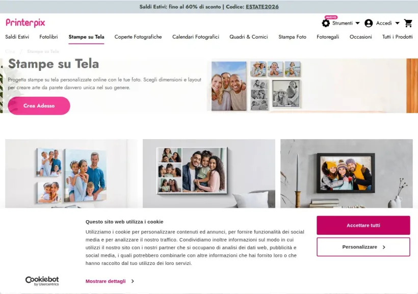Schermata della pagina offerta di Printerpix