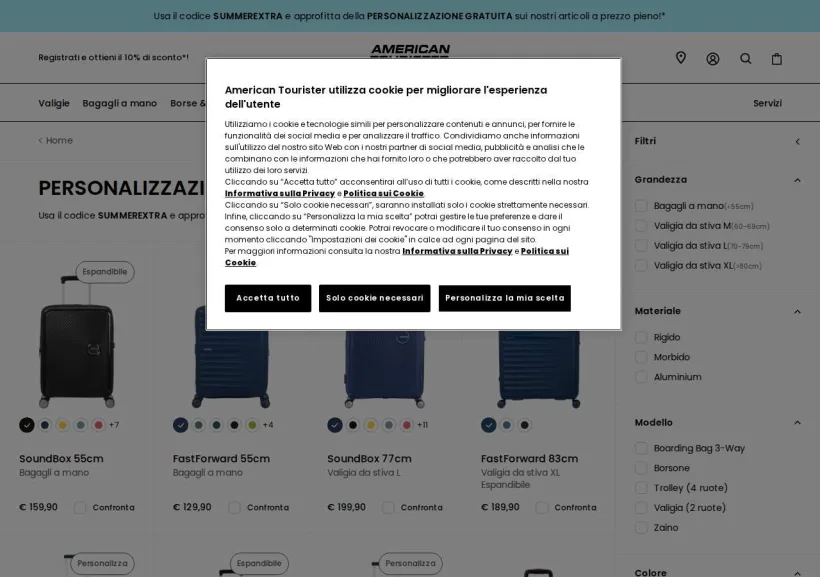 Schermata della pagina offerta di American Tourister