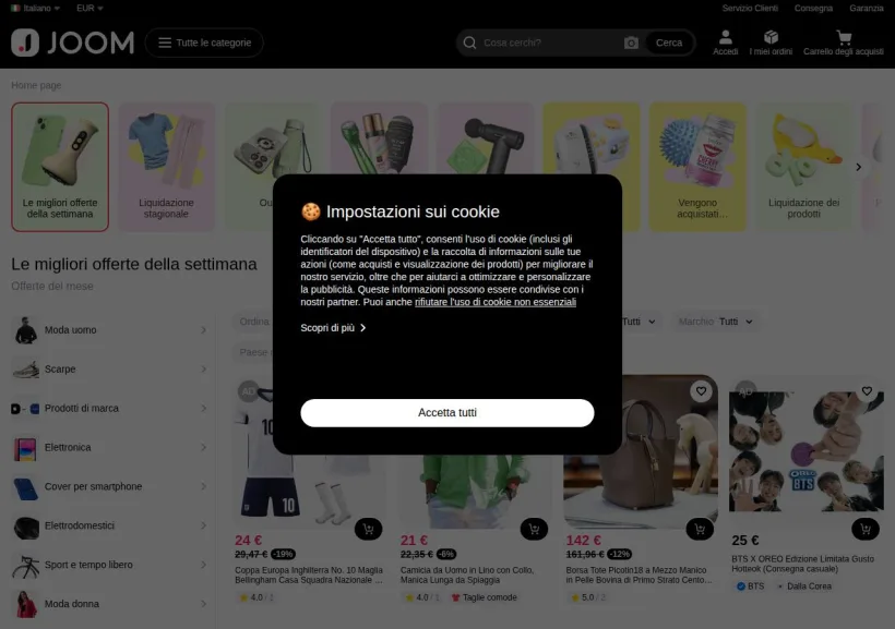 Schermata della pagina offerta di Joom