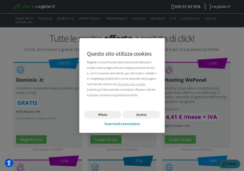 Schermata della pagina offerta di Register