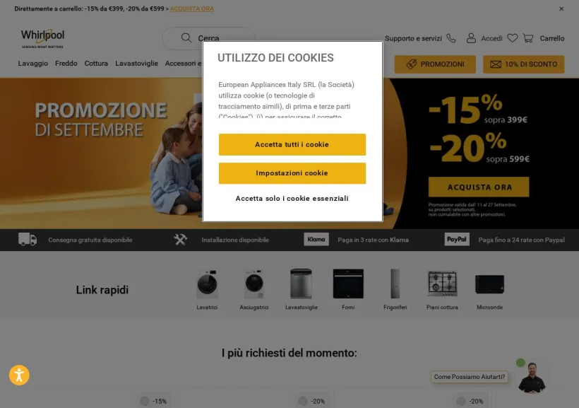 Schermata della pagina offerta di Whirlpool