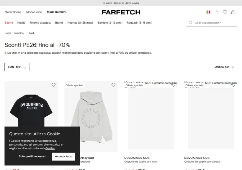 Schermata della pagina offerta di Farfetch