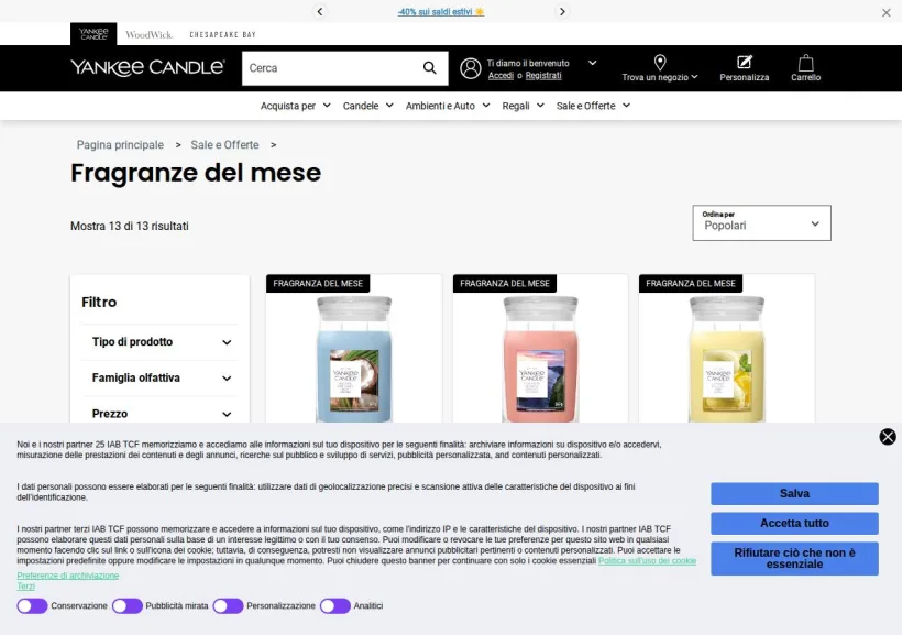 Schermata della pagina offerta di Yankee Candle