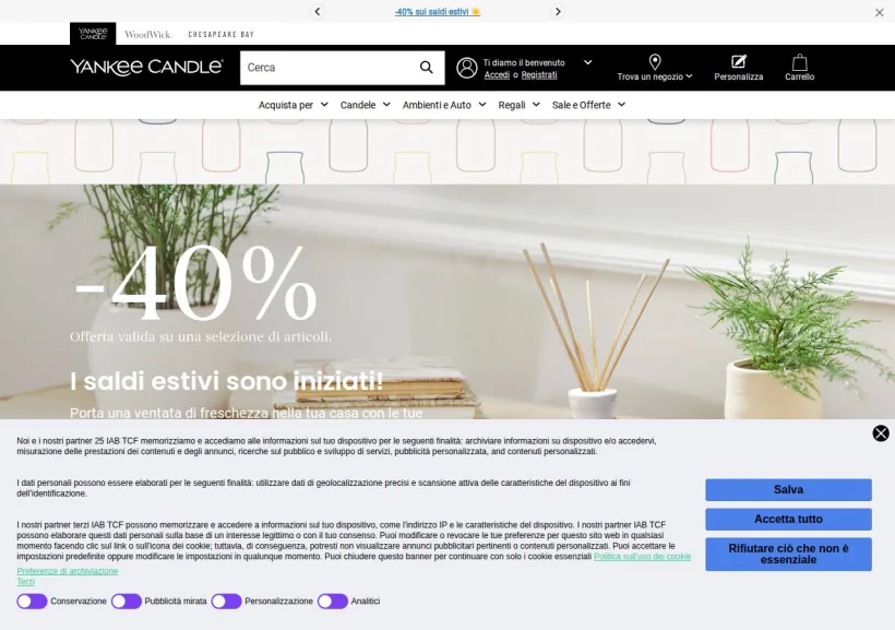 Schermata della pagina offerta di Yankee Candle