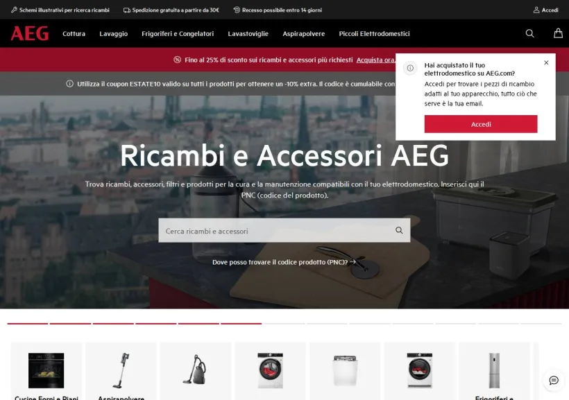 Schermata della pagina offerta di AEG
